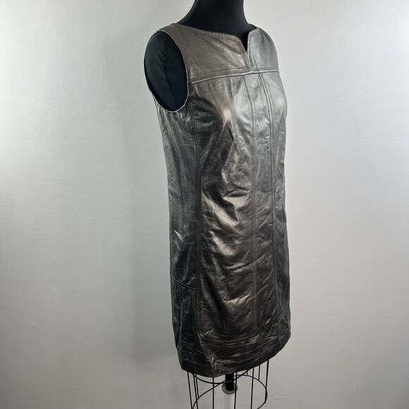 Elie Tahari Asphalt Black Mini Shift Dress Leather Split Neck Back Zip Size 6 - Picture 4 of 11